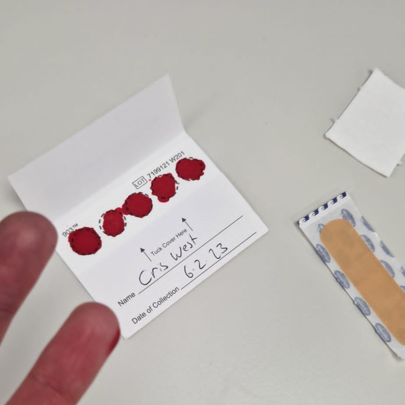 An image of a filled blood spot card